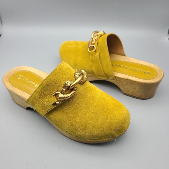 TORY BURCH JESSA HORSE BIT CLOGS  Yellow Suede Wood Footbed US SZ 6 New - Picture 1 of 8